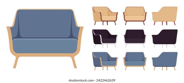 Soft fabric armchair big set, club accent chair. Living, waiting room, lounge space, studio tufted upholstery. Vector flat style cartoon home, office furniture objects isolated on white background