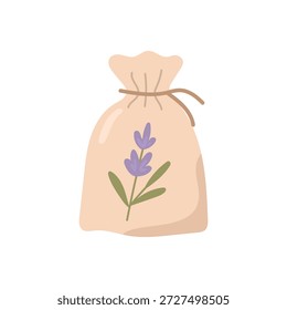 Bolsa de tecido macio amarrado com fio e motivo botânico, ideal para conceitos de armazenamento natural, ideias de presentes artesanais e ilustrações tradicionais de blog de bem-estar.