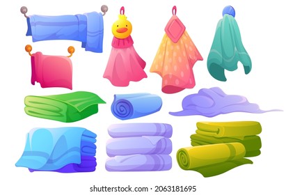 Soft fabric towels hanging on dryer, lying, folded in stack and rolled. Vector cartoon set of cloth towels and textile napkin for hands, body, spa and bathroom isolated on white background