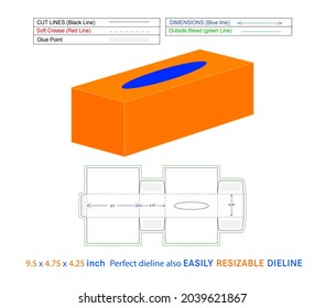 Papel facial suave caja de tejido facial personalizada, 9.5x4.75x4.25pulgadas caja plantilla de línea y archivo vectorial 3D con fácil modificación