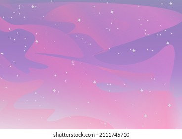 A soft fading light pastel pink transitions to warm peach sunset or sunrise against a galaxy starry violet skies background. Vector landscape beautiful scenic twilight colors lilac purple sundown sky.