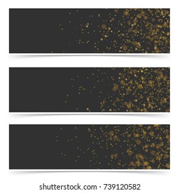Soft falling confetti luxurious card flyer collection. Bright light particle over black background layout web header footer set. Vector illustration
