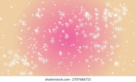Copos de nieve que caen suaves y luces bokeh en un fondo degradado rosa y amarillo suave.