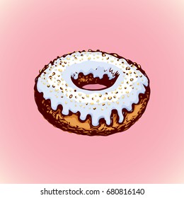 Soft fat junk bun with yummy meringue cook creme sugary syrup isolated on pink backdrop. Bright color hand drawn picture sketch in art vintage doodle style