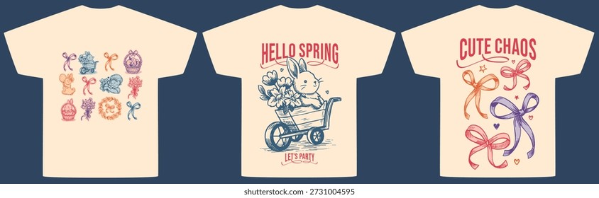 Weiche feminine T-Shirt Mockups mit Frühlingsferien Ästhetik. Handgezeichnete Schleifen, Bänder, Blumen und romantische Slogans im Cottagecore-Stil mit Skizzenumrissen und sichtbaren Strichen.