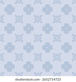 Soft five petal flowers and petal clusters arranged in a calm balanced powder blue repeat background seamless pattern. Vintage retro pastel blue floral fabric motif. 