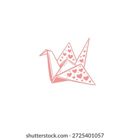 Ilustración plana suave de una grúa de origami decorada con Formas de corazón