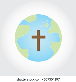 Soft flat planet Earth icon design with crucifix, cross.