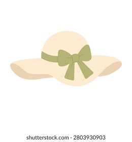 Soft flat vector cream summer hat with wide brim and olive bow ribbon.