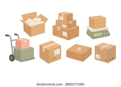 Soft flat vector set with cardboard boxes, scale, dolly, and delivery packaging.