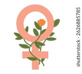 Soft flat Venus sign with orange flower and green leaves, symbolizing femininity and growth.