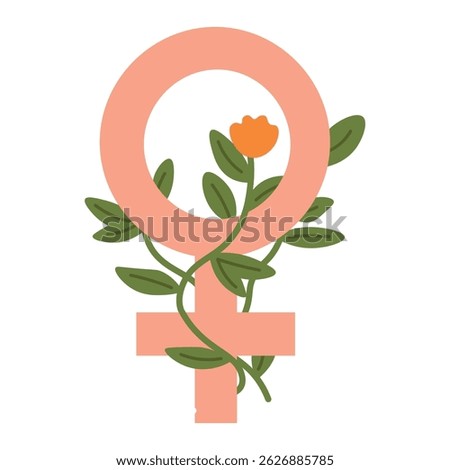 Soft flat Venus sign with orange flower and green leaves, symbolizing femininity and growth.