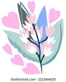 Soft floral composition with flowers and hearts. Vector isolated illustration. Happy Valentine's Day. Wedding bouquet.