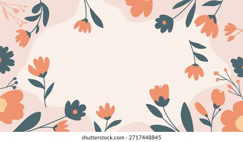 Suave marco floral con flores de color naranja y azul marino con hojas verdes sobre un fondo rosado claro para una invitación.