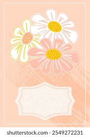 Flores de margarita de ilustración floral suave con un fondo rosa pastel y una etiqueta vacía. Perfecto para tarjetas de felicitación, invitaciones, eventos de primavera o embalaje de productos