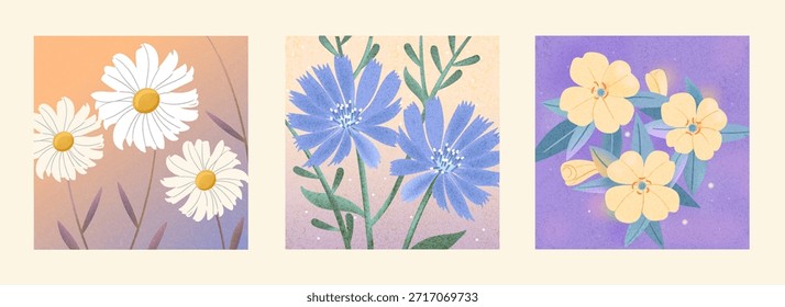 Weiche Blumenillustrationen mit strukturiertem Hintergrund, mit Gänseblümchen und Wildblumen in Pastellfarben. Sanfte botanische Kunst für Dekoration, Drucke, Karten und moderne Designprojekte.