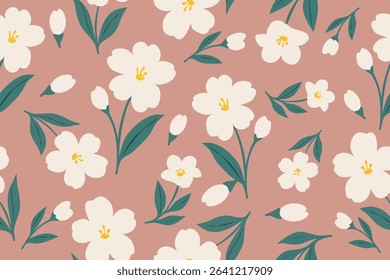 Soft floral pattern with cream-white flowers, green leaves, and a muted pink background. Elegant and minimal design, perfect for textiles, wallpapers, and romantic projects.