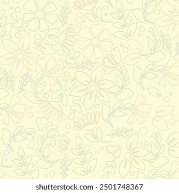 A soft floral pattern with delicate line art, ideal for elegant yellow backgrounds, textile designs, and feminine-themed projects. Perfect for wallpapers, packaging, and digital art. Editable. EPS 10