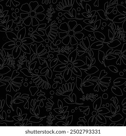 A soft floral pattern with delicate line art, ideal for elegant Black backgrounds, textile designs, and feminine-themed projects. Perfect for wallpapers, packaging, and digital art. Editable. EPS 10