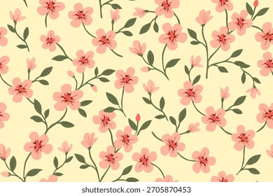 Ein weiches Blumenmuster mit zarten rosa Blüten und grünen Blättern auf einem warmen pastellfarbenen Hintergrund, das ein charmantes und elegantes botanisches Design schafft.