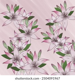 A soft floral pattern featuring elegant pink lilies with green leaves on a light pastel background. This delicate design is perfect for textiles, wallpapers, or stationery.