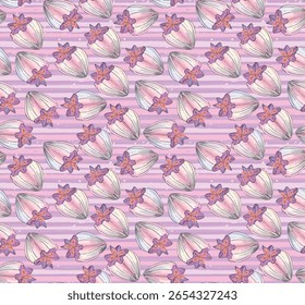 Patrón Floral Suave Con Rosa Estilizado Y Elementos Sobre Un Fondo De Rayas.