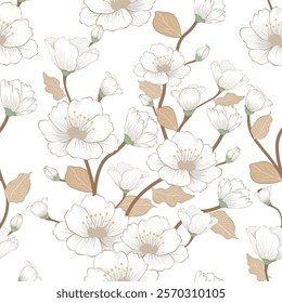 
A soft floral pattern with white flowers, beige leaves, and brown stems on a light background. The design is delicate and minimalistic, evoking a serene and natural ambiance. Vector seamless pattern.