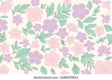 Weiche florale nahtlose Muster in Pastellrosa, Lila und Minzgrün