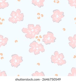 Soft floral vector seamless pattern. Delicate pink flowers on light blue background. For fabric prints, textile products, summer, children's clothing.