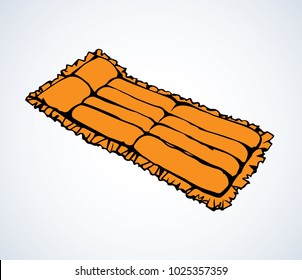 Soft flotation lilo mat design on light ocean backdrop. Vibrant yellow color hand drawn object emblem in retro art scribble style. Close up top view with space for text