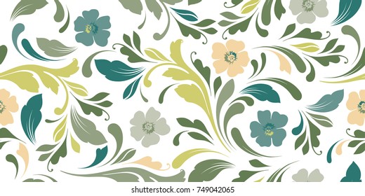 Soft Flowery Pattern. Floral Seamless Background For Textile, Wallpapers, Wrapping, Paper. Flowers And Swirls.