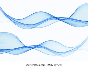 Ondas transparentes azules que fluyen suaves en un fondo blanco, diseño abstracto elegante que simboliza el agua, el movimiento y la innovación.