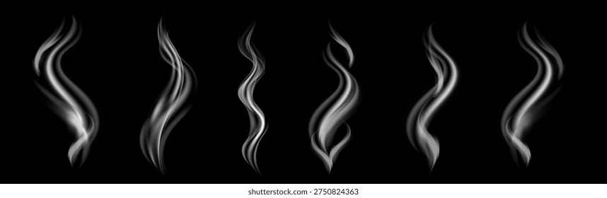 Soft flowing vapor and smoke lines rising like aroma from coffee, tea or BBQ. Realistic steam food effect for hot cuisine, cooking scenes, mug or kettle illustrations.