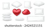 Soft fluffy bed pillows realistic vector illustration set. Bedroom cushions 3d models on white background. Bedding accessories assortment