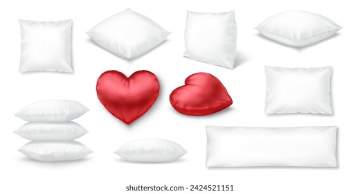 Soft fluffy bed pillows realistic vector illustration set. Bedroom cushions 3d models on white background. Bedding accessories assortment