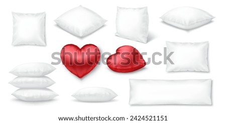 Soft fluffy bed pillows realistic vector illustration set. Bedroom cushions 3d models on white background. Bedding accessories assortment