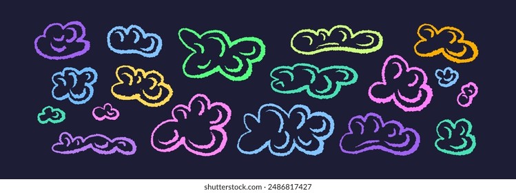 Soft fluffy cloud. Hand drawn wax crayons color art on black background. Pastel texture. Bubble shape isolated. Chalk vector collection. Communication and social network elements