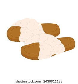 Soft fluffy home slippers. Cozy indoor footwear, fluffy flip flops cartoon vector illustration