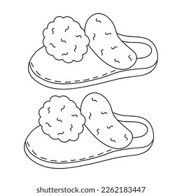 Soft fluffy house slippers. Warm cozy fur flip flops with pompons. Hand drawn illustration in doodle style.