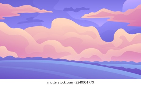 Soft fluffy peach color clouds on a purple sky. Gentle horizontal illustration of a cloudy sky and fields.