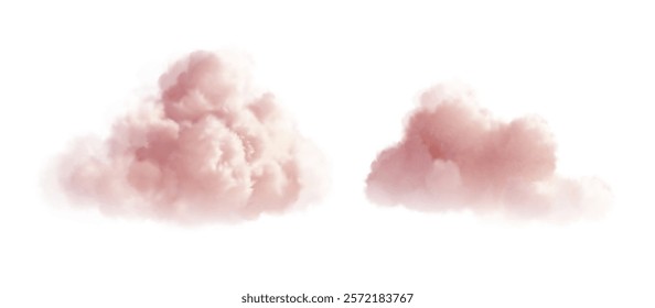 Soft and Fluffy Pink Clouds Isolated on a White Background. A pair of light pink clouds floating serenely against a pure white background, tranquil atmosphere. Vector illustration EPS10