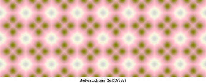 A soft focus, abstract pattern composed of diamond and floral like shapes in a seamless grid. The color palette includes gentle gradients of olive green, pastel pink, and white.