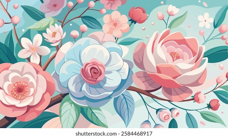 A soft focus background of pastel colored flowers, including roses, peonies and cherry blossoms. flower background