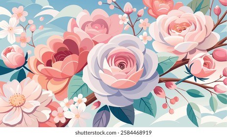 A soft focus background of pastel colored flowers, including roses, peonies and cherry blossoms. flower background