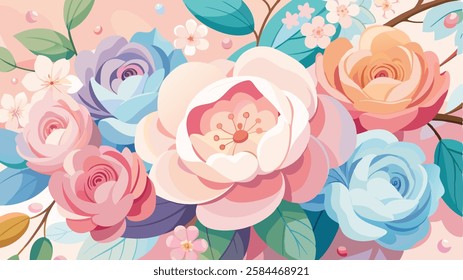 A soft focus background of pastel colored flowers, including roses, peonies and cherry blossoms. flower background