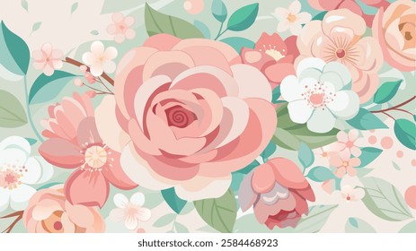 A soft focus background of pastel colored flowers, including roses, peonies and cherry blossoms. flower background