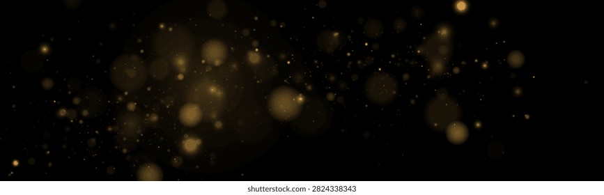Soft focus golden bokeh lights scattered across a dark background with varied sizes and subtle glow on transparent background