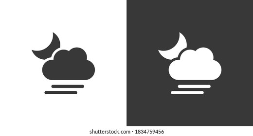 Weicher Nebel, Wolke und Mond. Einzeln Symbol auf schwarz-weißem Hintergrund. Wettervektorgrafik
