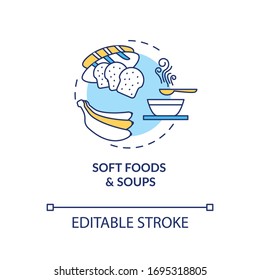 Soft foods and soups concept icon. Eating after medical procedure. Doctor recommendation. Healthy diet idea thin line illustration. Vector isolated outline RGB color drawing. Editable stroke
