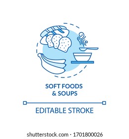 Soft foods and soups turquoise concept icon. Eating after medical procedure. Doctor recommendation. Healthy diet idea thin line illustration. Vector isolated outline RGB color drawing. Editable stroke